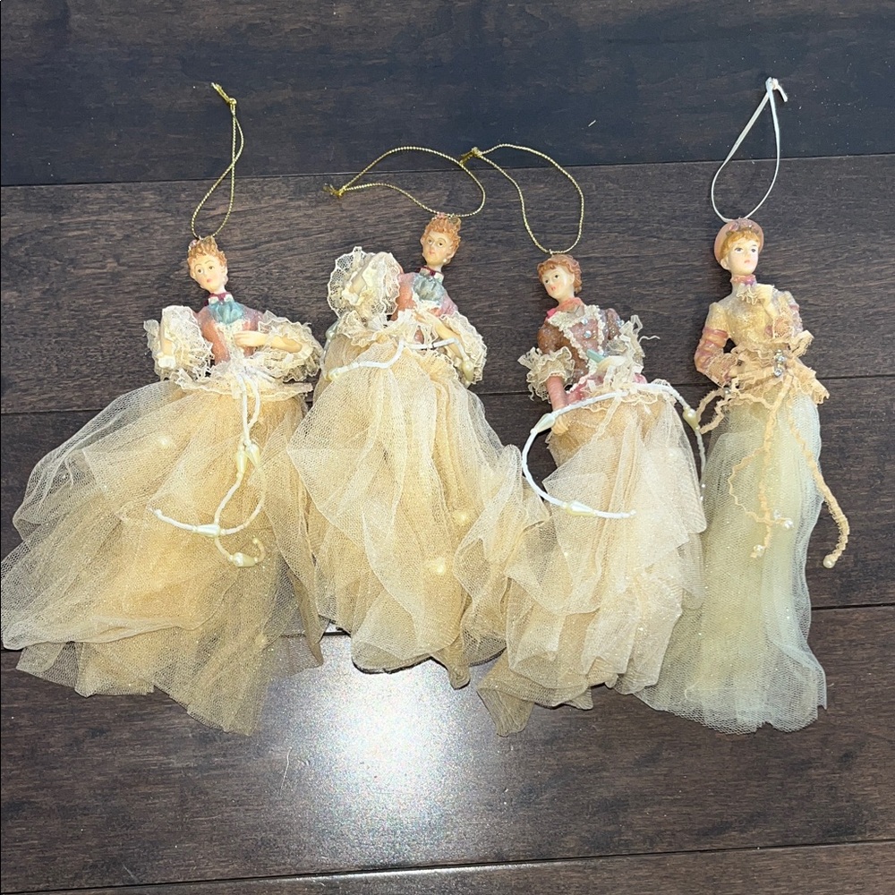 Vintage Victorian Lady Christmas Ornaments Tulle Lace Gowns - Set of 4